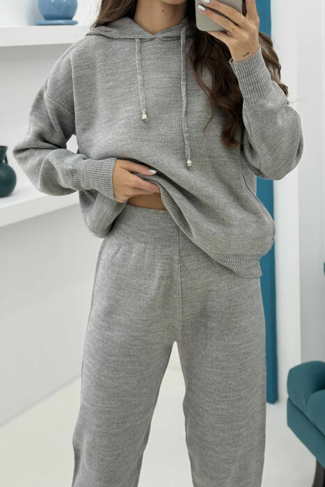 ONE COLOR HOODED WOMEN KNIT SET GREY/GRI - 4