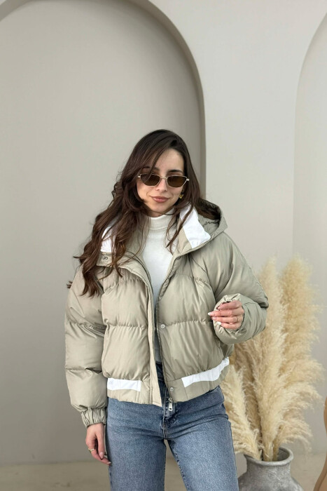 ONE COLOR HOODED ZIPPER CROPPED WOMAN PUFFER JACKET BEIGE/BEZHE - 1