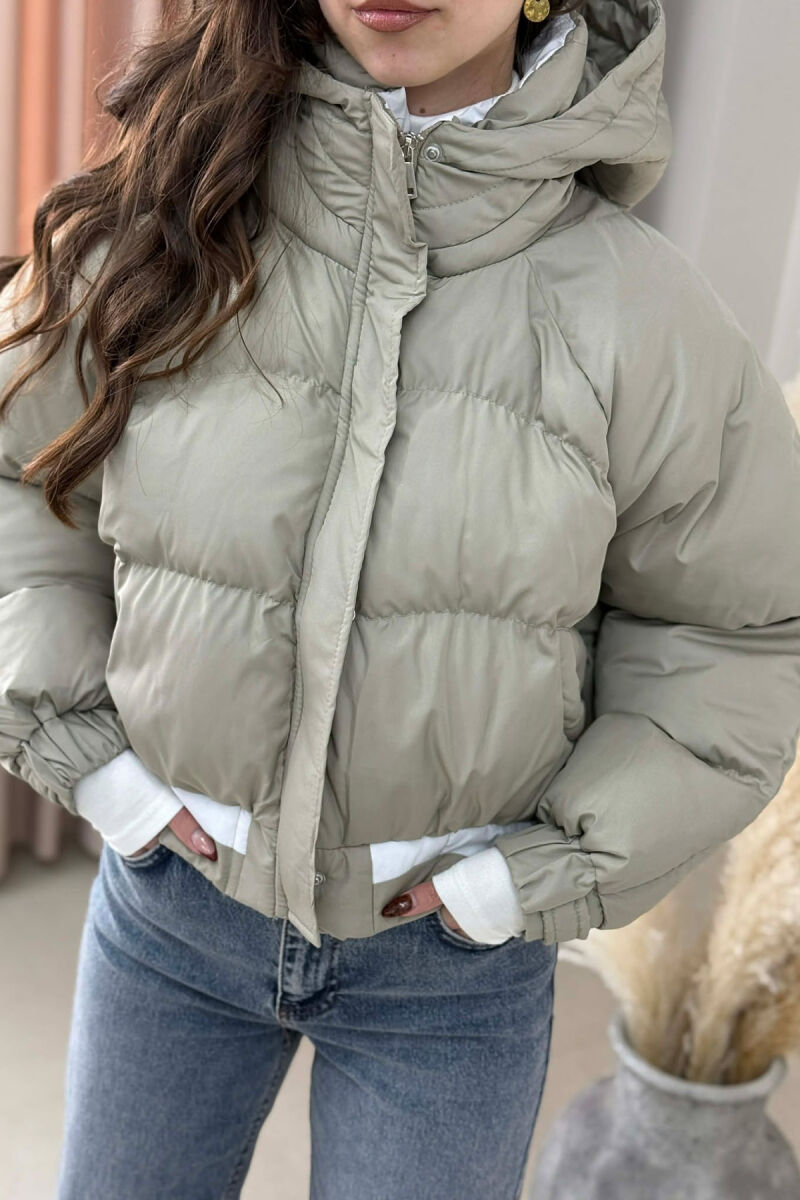 ONE COLOR HOODED ZIPPER CROPPED WOMAN PUFFER JACKET BEIGE/BEZHE - 5