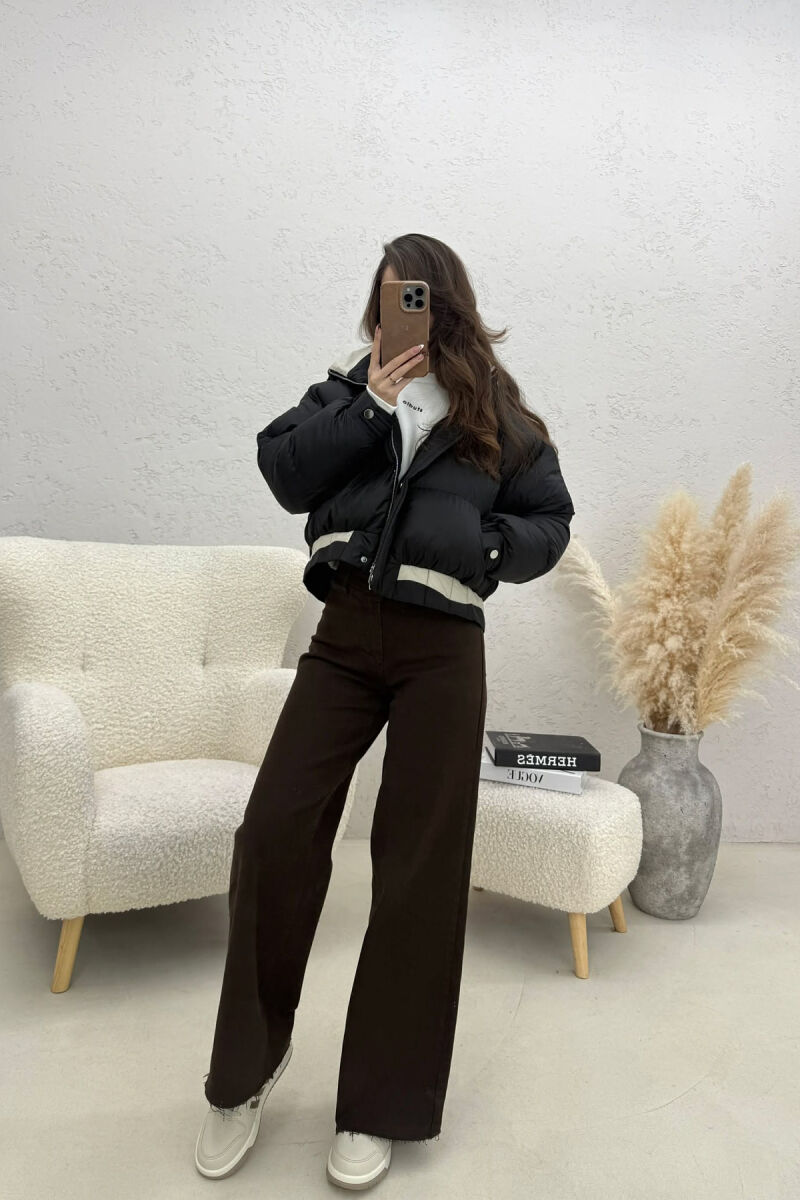 ONE COLOR HOODED ZIPPER CROPPED WOMAN PUFFER JACKET BLACK/ E ZEZE - 2