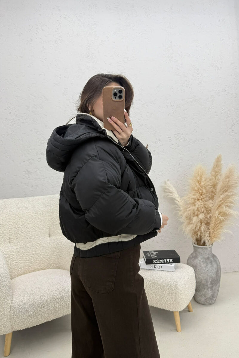 ONE COLOR HOODED ZIPPER CROPPED WOMAN PUFFER JACKET BLACK/ E ZEZE - 3