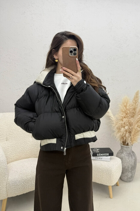 ONE COLOR HOODED ZIPPER CROPPED WOMAN PUFFER JACKET BLACK/ E ZEZE - 4
