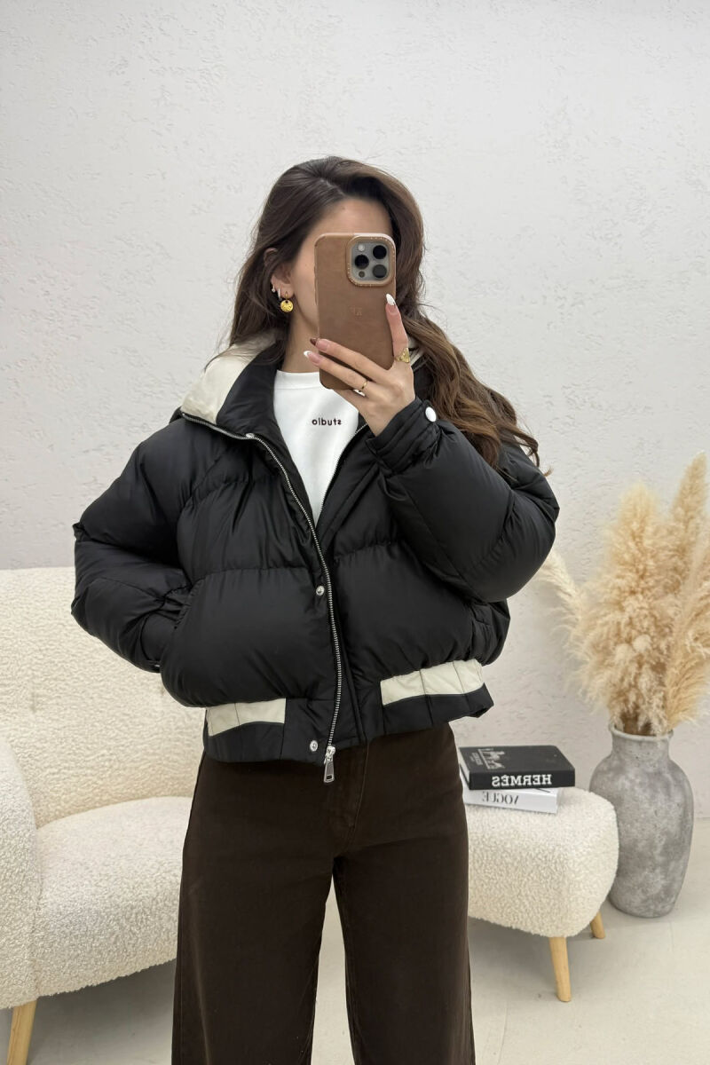 ONE COLOR HOODED ZIPPER CROPPED WOMAN PUFFER JACKET BLACK/ E ZEZE - 4