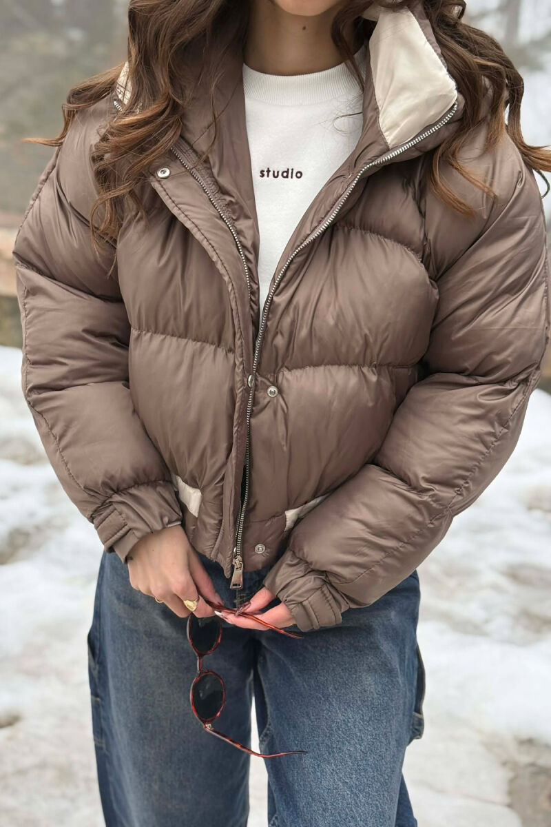 ONE COLOR HOODED ZIPPER CROPPED WOMAN PUFFER JACKET BROWN/KAFE - 6