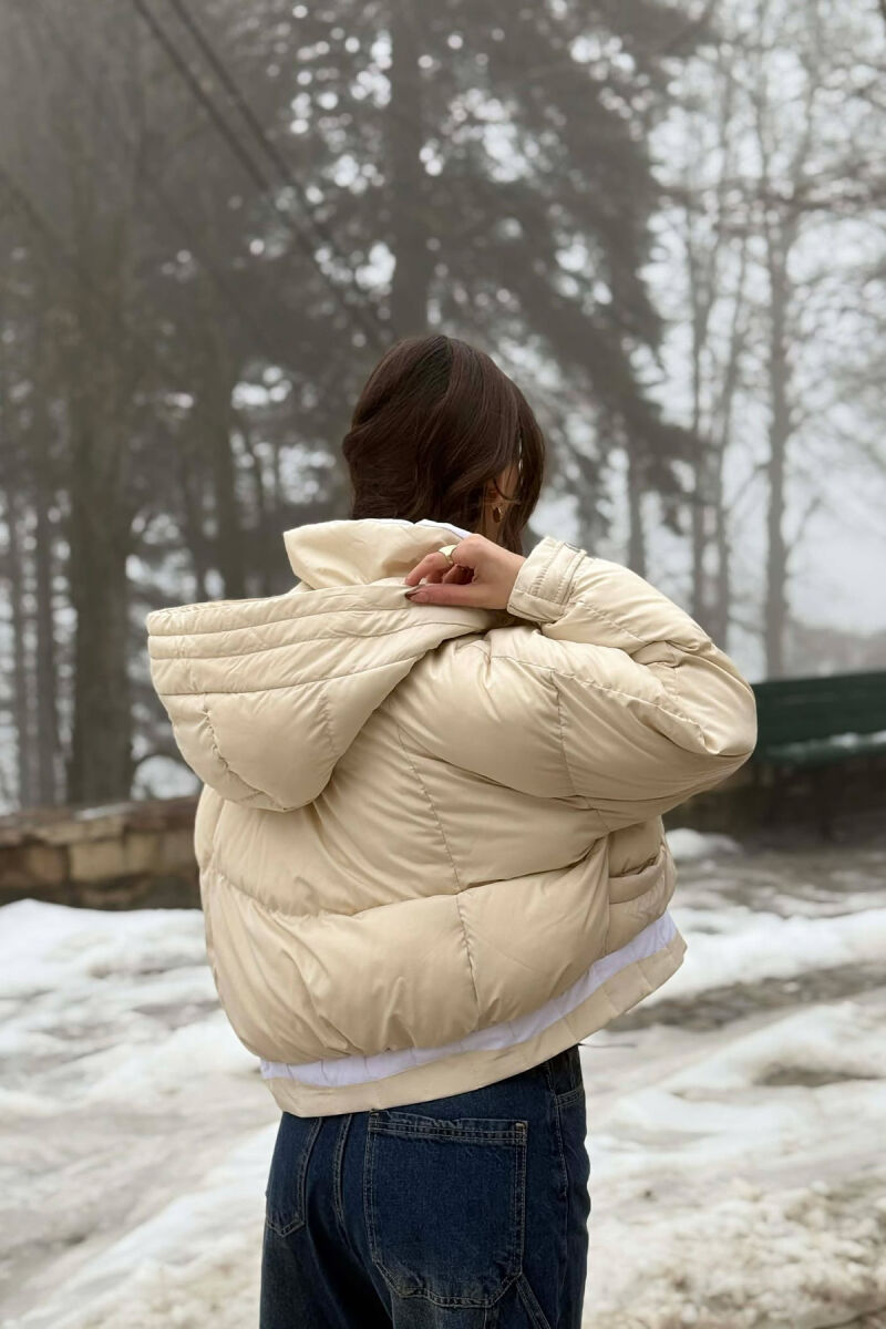 ONE COLOR HOODED ZIPPER CROPPED WOMAN PUFFER JACKET CREAM/KREM - 3