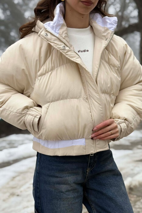 ONE COLOR HOODED ZIPPER CROPPED WOMAN PUFFER JACKET CREAM/KREM - 5