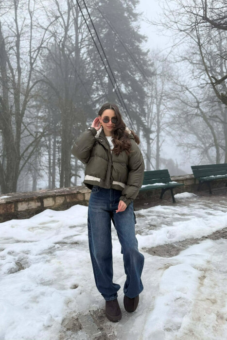 ONE COLOR HOODED ZIPPER CROPPED WOMAN PUFFER JACKET GREEN/JESHILE - 3