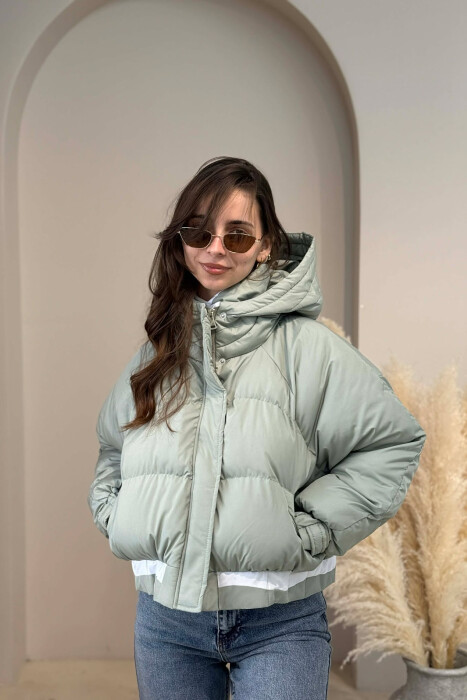 ONE COLOR HOODED ZIPPER CROPPED WOMAN PUFFER JACKET MINT/MENTE - 1