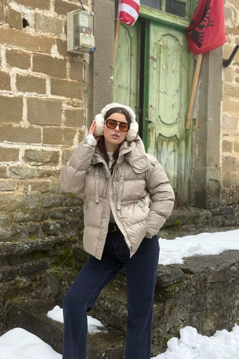 ONE COLOR HOODED ZIPPER WOMAN PUFFER JACKET BEIGE/BEZHE - 6