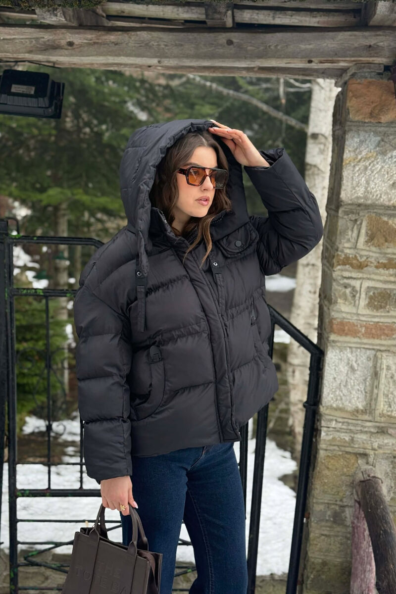 ONE COLOR HOODED ZIPPER WOMAN PUFFER JACKET BLACK/ E ZEZE - 5