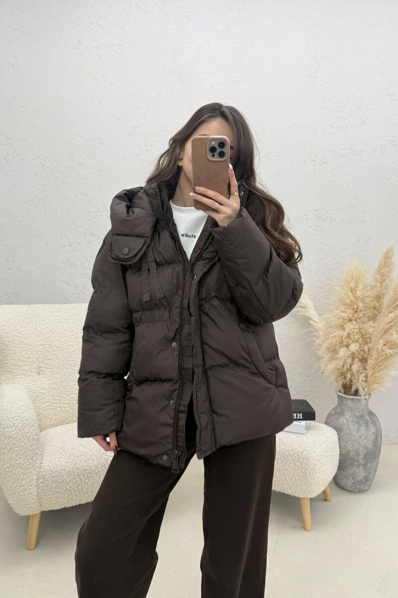 ONE COLOR HOODED ZIPPER WOMAN PUFFER JACKET BROWN/KAFE - 1