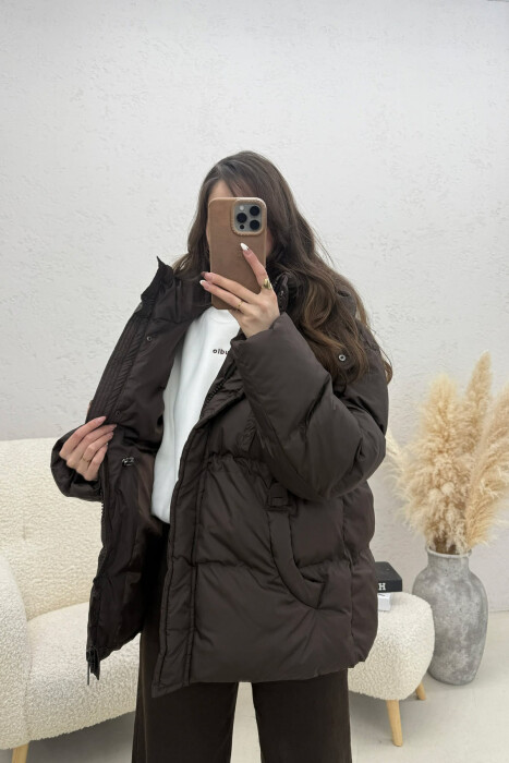 ONE COLOR HOODED ZIPPER WOMAN PUFFER JACKET BROWN/KAFE - 3