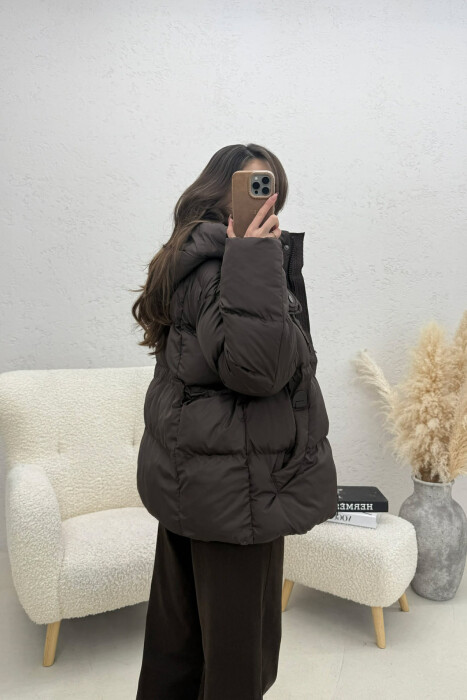 ONE COLOR HOODED ZIPPER WOMAN PUFFER JACKET BROWN/KAFE - 4