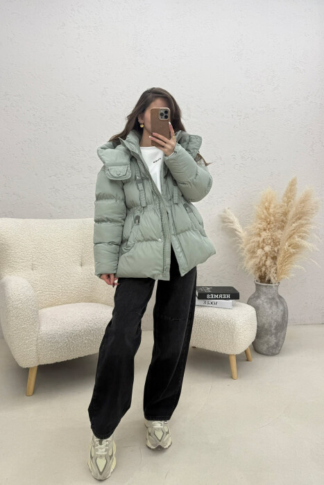ONE COLOR HOODED ZIPPER WOMAN PUFFER JACKET MINT/MENTE - KLAUDIO FASHION