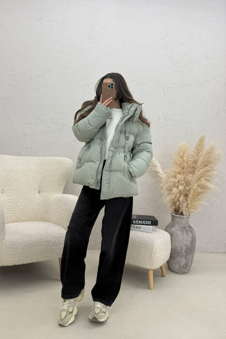 ONE COLOR HOODED ZIPPER WOMAN PUFFER JACKET MINT/MENTE - 2