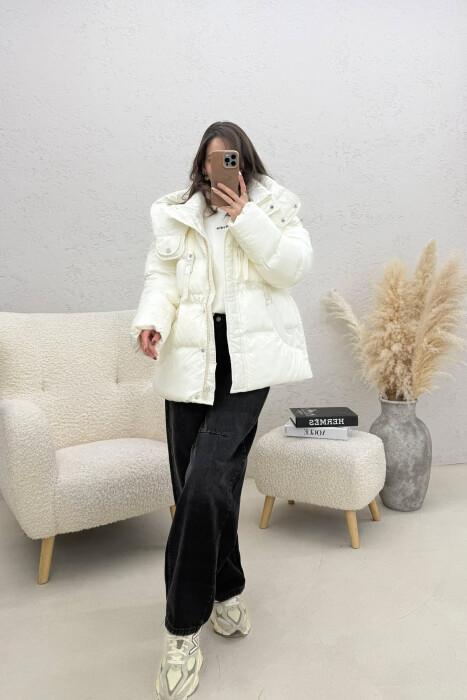 ONE COLOR HOODED ZIPPER WOMAN PUFFER JACKET WHITE-E BARDHE - 2