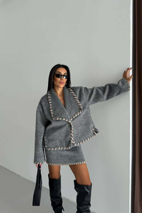 ONE COLOR JACKET+SKIRT WOMEN SET GREY/GRI - KLAUDIO FASHION