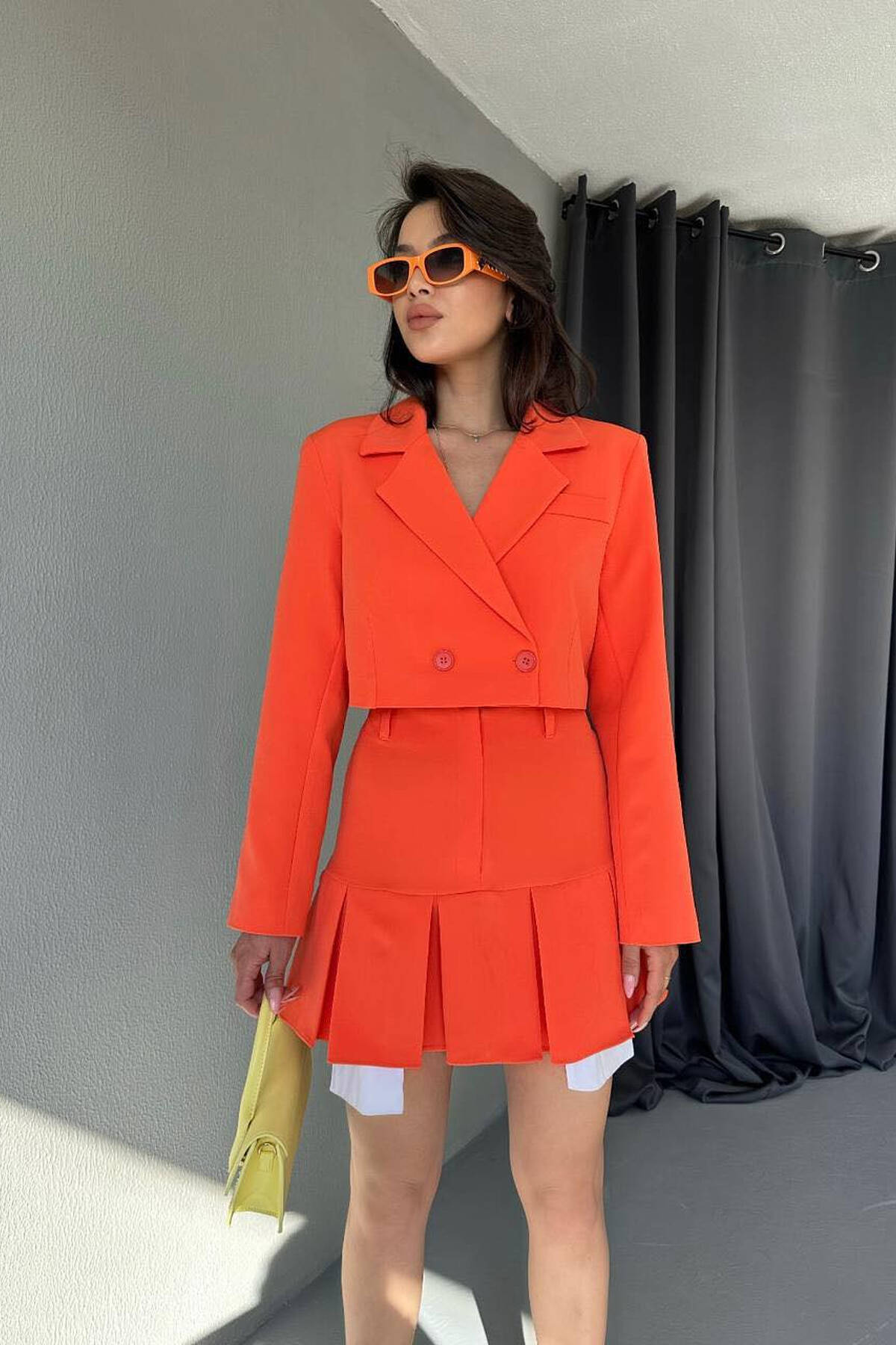 ONE COLOR JACKET SKIRT WOMEN SET ORANGE PORTOKALLI TWO PIECE SETS KLAUDIO FASHION EL 8596