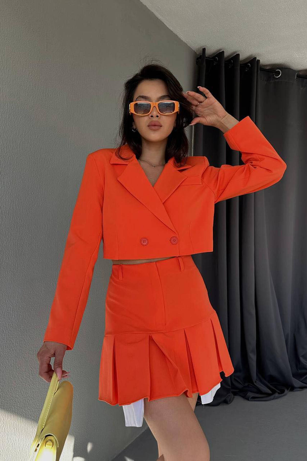 ONE COLOR JACKET SKIRT WOMEN SET ORANGE PORTOKALLI TWO PIECE SETS KLAUDIO FASHION EL 8596