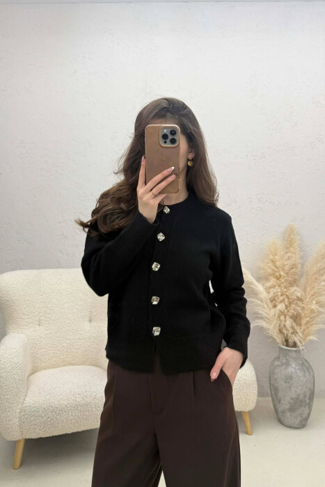 ONE COLOR KNITTED BUTTONED WOMEN CARDIGAN BLACK/ E ZEZE - 1