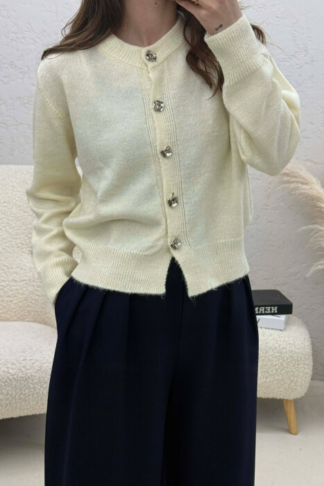 ONE COLOR KNITTED BUTTONED WOMEN CARDIGAN CREAM/KREM - 2