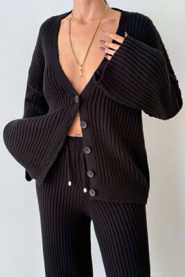 ONE COLOR KNITTED CARDIGAN+TROUSERS WOMEN SET BLACK/ E ZEZE 