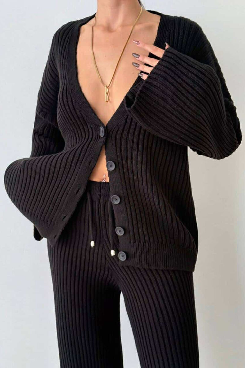 ONE COLOR KNITTED CARDIGAN+TROUSERS WOMEN SET BLACK/ E ZEZE - 1