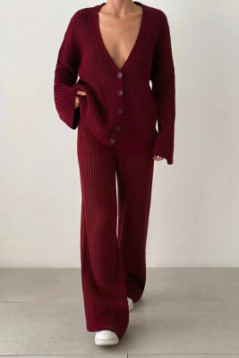 ONE COLOR KNITTED CARDIGAN+TROUSERS WOMEN SET BURGUNDY/VISHNJE 