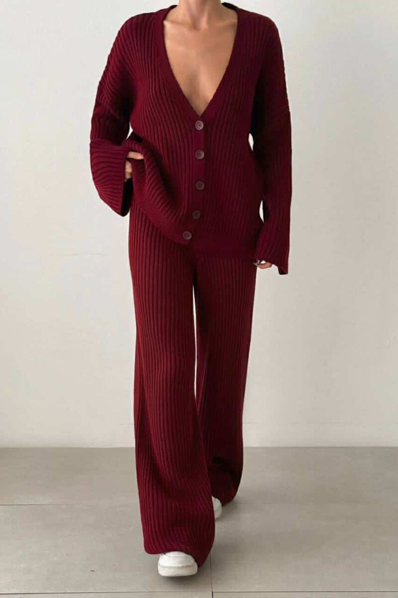 ONE COLOR KNITTED CARDIGAN+TROUSERS WOMEN SET BURGUNDY/VISHNJE - 1