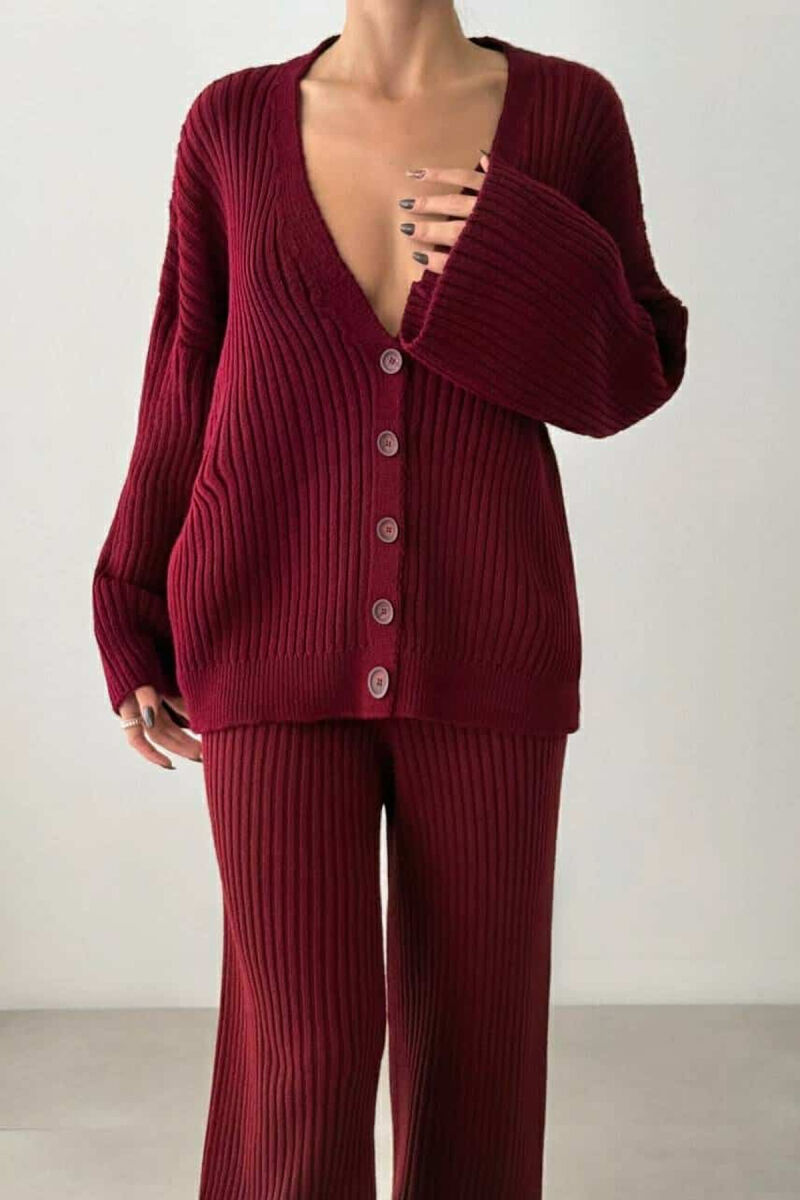 ONE COLOR KNITTED CARDIGAN+TROUSERS WOMEN SET BURGUNDY/VISHNJE - 2