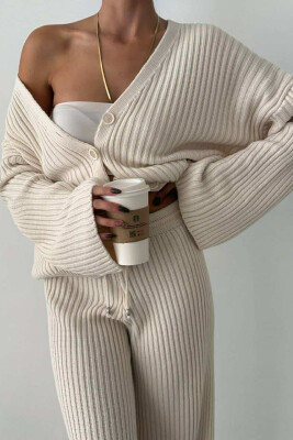 ONE COLOR KNITTED CARDIGAN+TROUSERS WOMEN SET CREAM/KREM 