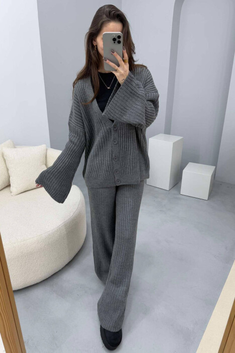 ONE COLOR KNITTED CARDIGAN+TROUSERS WOMEN SET GREY/GRI - 2