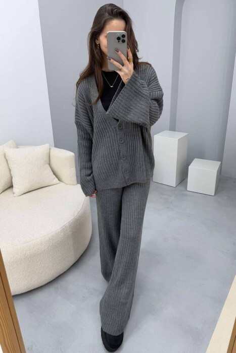 ONE COLOR KNITTED CARDIGAN+TROUSERS WOMEN SET GREY/GRI - 3