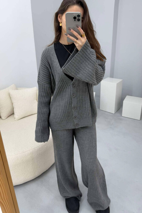 ONE COLOR KNITTED CARDIGAN+TROUSERS WOMEN SET GREY/GRI - 4