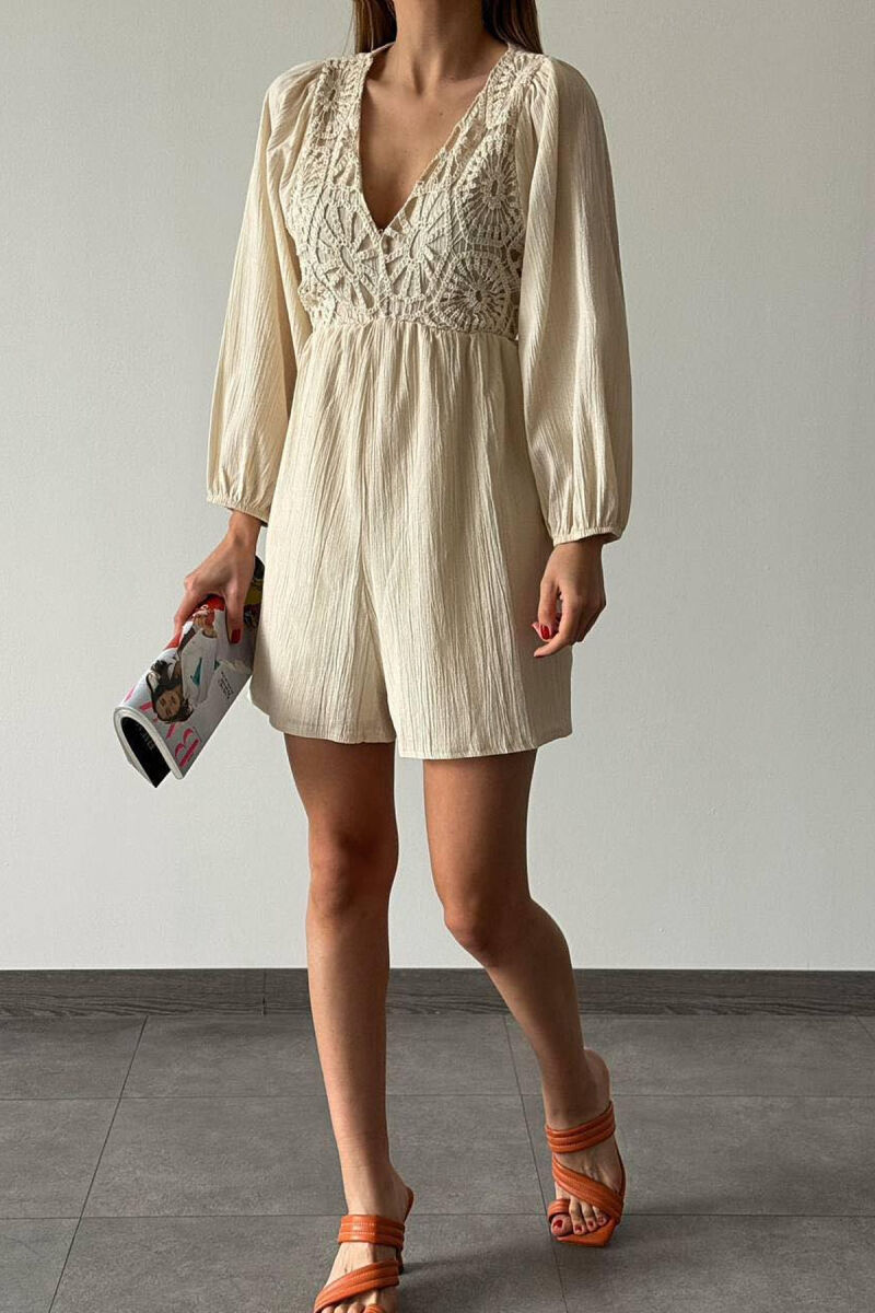 ONE COLOR KNITTED DETAIL WOMEN JUMPSUIT CREAM/KREM - 1