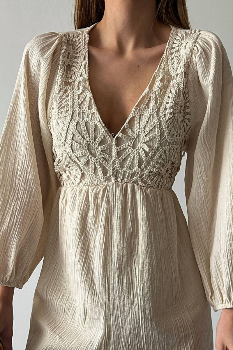 ONE COLOR KNITTED DETAIL WOMEN JUMPSUIT CREAM/KREM - 2