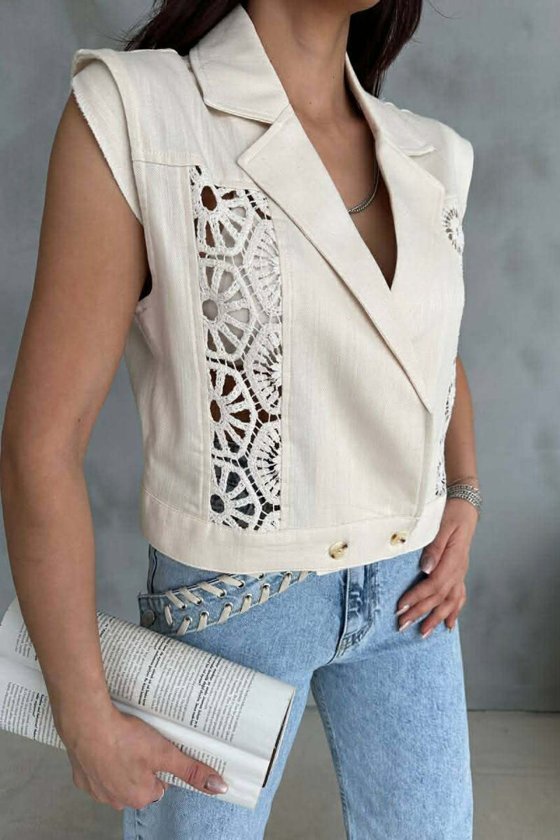 ONE COLOR KNITTED DETAILS WOMEN VEST CREAM/KREM - 2