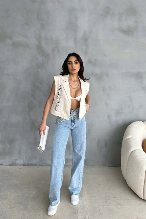 ONE COLOR KNITTED DETAILS WOMEN VEST CREAM/KREM - 3