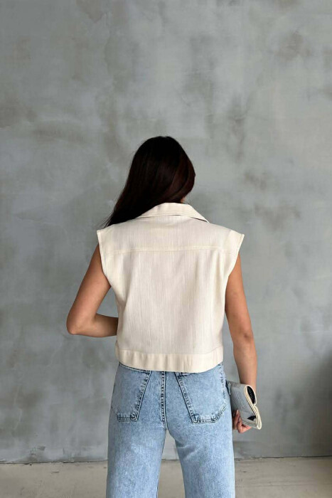 ONE COLOR KNITTED DETAILS WOMEN VEST CREAM/KREM - 4