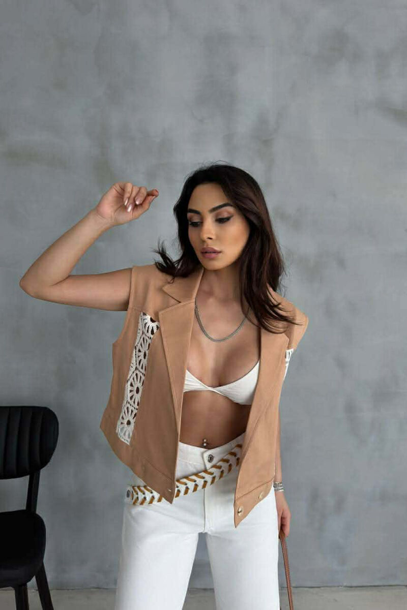 ONE COLOR KNITTED DETAILS WOMEN VEST LIGHT BROWN/KAZB - 2