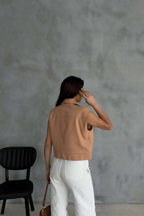 ONE COLOR KNITTED DETAILS WOMEN VEST LIGHT BROWN/KAZB - 6
