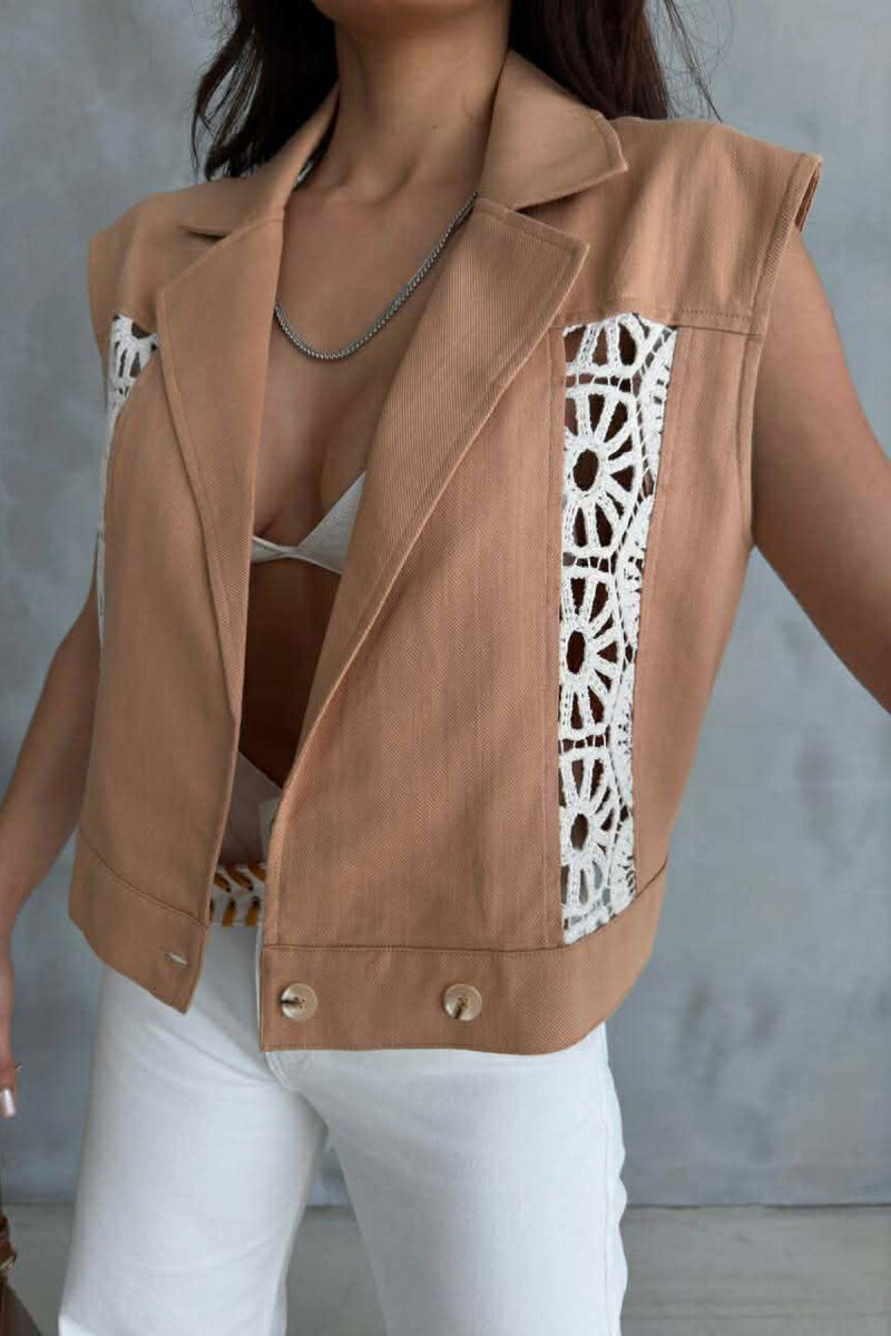 ONE COLOR KNITTED DETAILS WOMEN VEST LIGHT BROWN/KAZB - 7