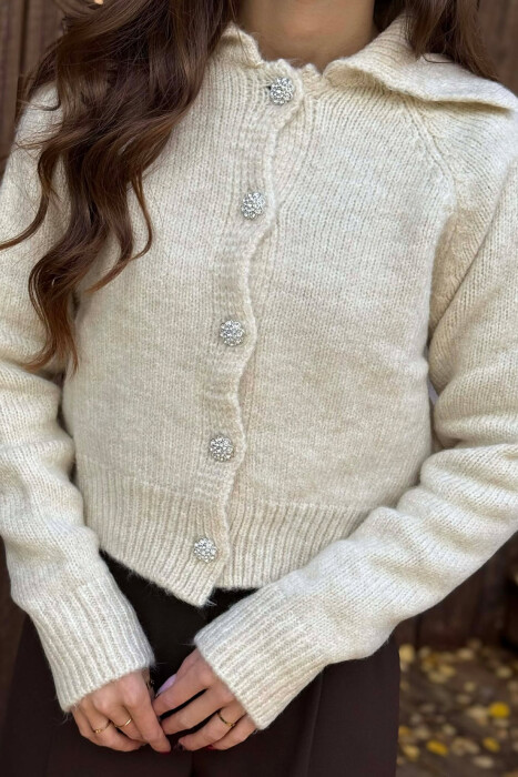 ONE COLOR KNITTED DIAMOND DETAIL BUTTONS WOMEN CARDIGAN BEIGE/BEZHE - 2