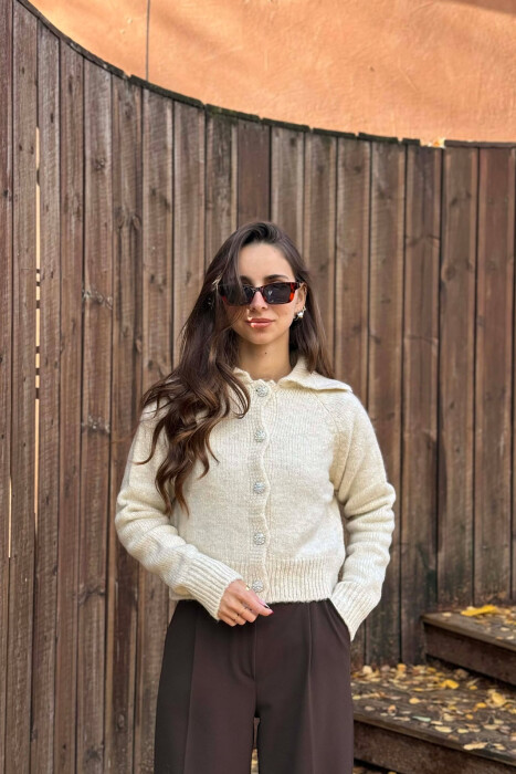 ONE COLOR KNITTED DIAMOND DETAIL BUTTONS WOMEN CARDIGAN BEIGE/BEZHE - 3