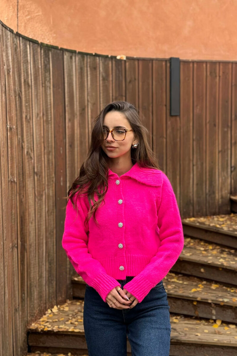 ONE COLOR KNITTED DIAMOND DETAIL BUTTONS WOMEN CARDIGAN FUCHSIA/CIKLAMI - 1