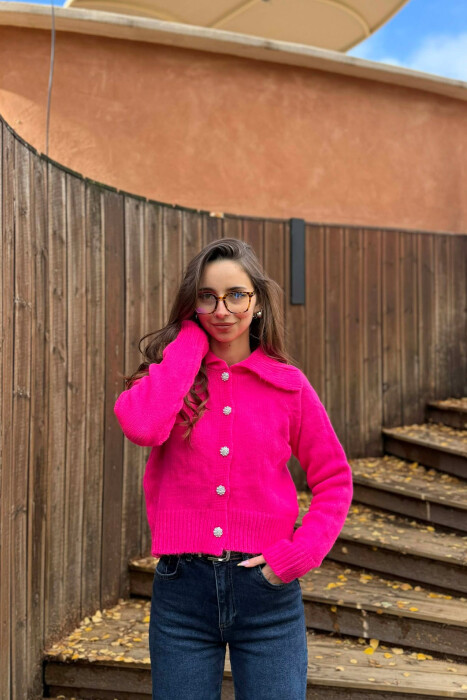 ONE COLOR KNITTED DIAMOND DETAIL BUTTONS WOMEN CARDIGAN FUCHSIA/CIKLAMI - 3