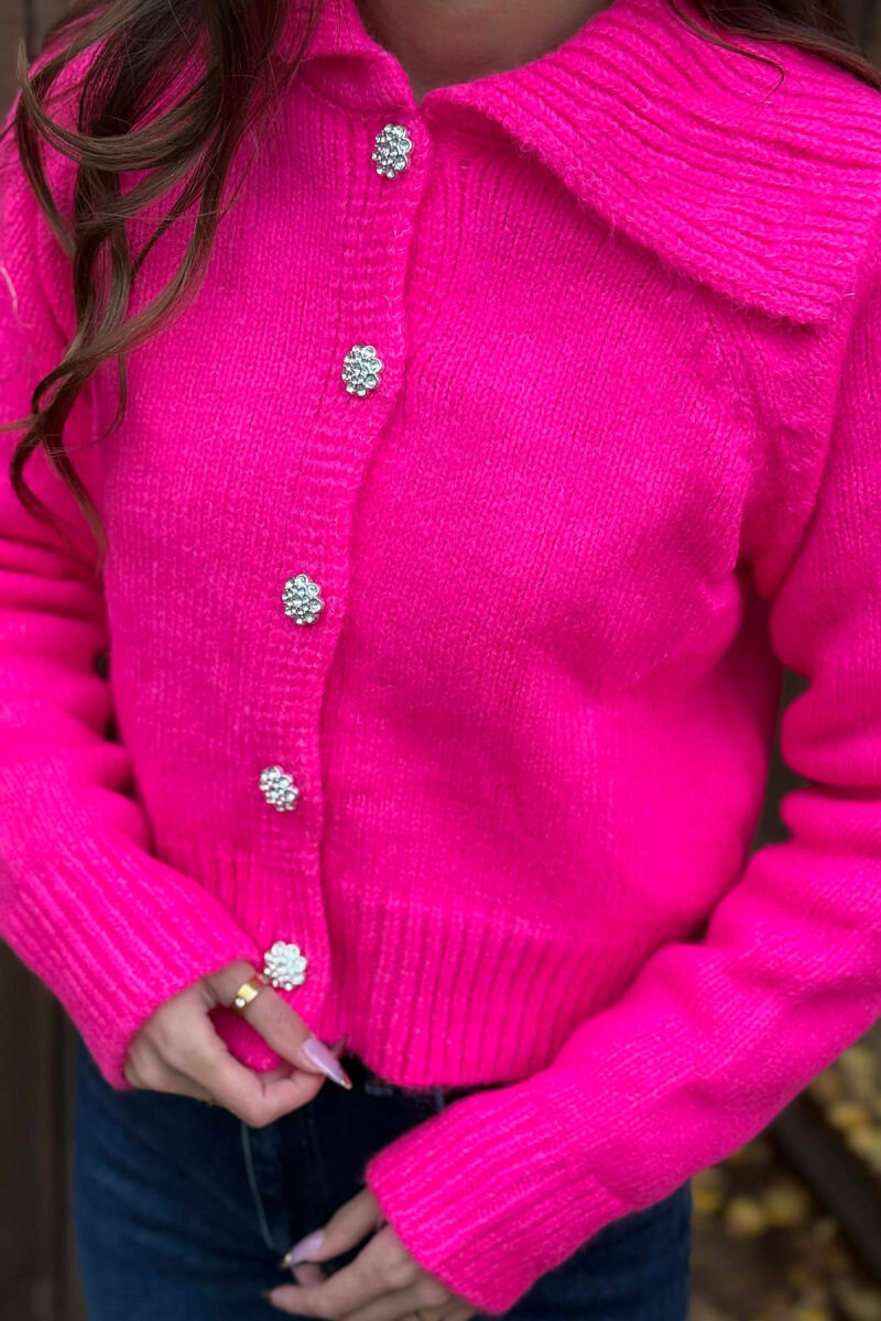 ONE COLOR KNITTED DIAMOND DETAIL BUTTONS WOMEN CARDIGAN FUCHSIA/CIKLAMI - 4