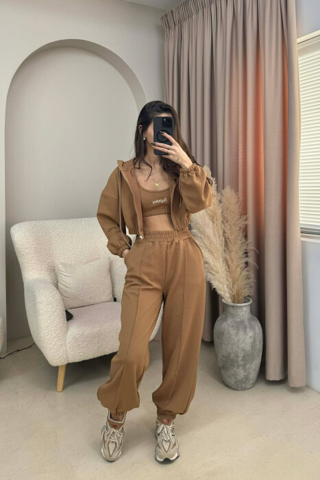 ONE COLOR KNITTED FABRIC JACKET+BRA+JOGGERS WOMEN SET BROWN/KAFE 