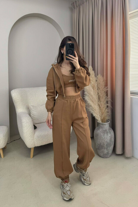 ONE COLOR KNITTED FABRIC JACKET+BRA+JOGGERS WOMEN SET BROWN/KAFE - 2
