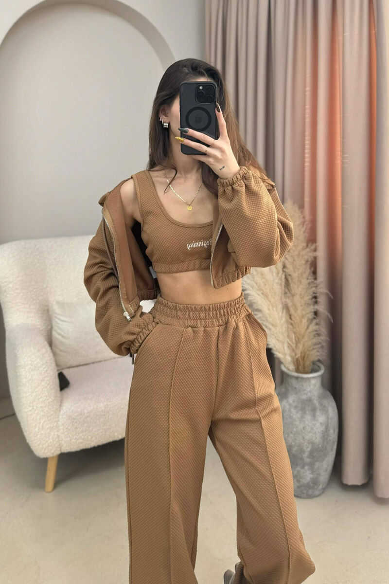 ONE COLOR KNITTED FABRIC JACKET+BRA+JOGGERS WOMEN SET BROWN/KAFE - 3